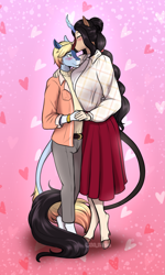 Size: 1833x3056 | Tagged: safe, artist:blackblood-queen, imported from derpibooru, oc, oc only, oc:beryl lovegreen, oc:mystic light, anthro, kirin, unguligrade anthro, unicorn, anthro oc, beauty mark, blaze (coat marking), blushing, clothes, cloven hooves, coat markings, couple, crystal horn, curved horn, digital art, eyes closed, facial markings, fangs, female, forehead kiss, gilf, hearts and hooves day, height difference, holding hands, holiday, horn, kirin oc, kissing, larger female, leonine tail, male, mare, milf, oc x oc, shipping, size difference, smiling, stallion, straight, tail, unicorn oc, valentine's day, wholesome