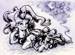 Size: 837x611 | Tagged: safe, artist:porcelanowyokular, imported from derpibooru, princess luna, oc, alicorn, earth pony, pony, crescent moon, crown, curved horn, ethereal mane, female, grin, gritted teeth, hoof shoes, horn, jewelry, looking at each other, looking at someone, male, mare, moon, one eye closed, peytral, redraw, regalia, smiling, stallion, stars, traditional art, wink
