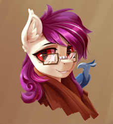 Size: 1280x1405 | Tagged: safe, artist:770418gyygy, imported from derpibooru, oc, oc:sunset cloudy, bat pony, ice phoenix, phoenix, pony, clothes, ear fluff, glasses, scarf, smiling