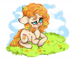 Size: 1800x1500 | Tagged: safe, artist:ponsel, imported from derpibooru, pear butter, earth pony, pony, female, flower, flower in hair, grass, lying down, mare, solo
