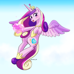 Size: 1160x1151 | Tagged: safe, artist:riouku, imported from derpibooru, princess cadance, alicorn, pony, blushing, cloud, crown, cute, cutedance, female, flying, heart, hoof shoes, jewelry, mare, open mouth, regalia, sky, solo