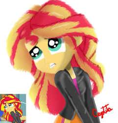 Size: 507x527 | Tagged: safe, artist:cjv2004, imported from derpibooru, sunset shimmer, equestria girls, equestria girls (movie), cute face, screencap reference, simple background, solo, white background
