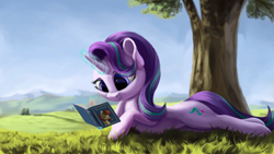 Size: 4000x2250 | Tagged: safe, artist:flusanix, imported from derpibooru, starlight glimmer, oc, oc:cream crackers, pony, unicorn, book, cute, detailed background, female, glimmerbetes, grass, high res, lying down, magic, mare, prone, reading, reformed starlight, scenery, solo, squee, stupid sexy starlight glimmer, telekinesis, tree, under the tree