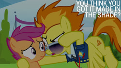 Size: 1280x720 | Tagged: safe, edit, edited screencap, editor:quoterific, imported from derpibooru, screencap, scootaloo, spitfire, pegasus, pony, season 8, the washouts (episode), spoiler:s08, duo, female, filly, flying, foal, mare, open mouth, sunglasses, text