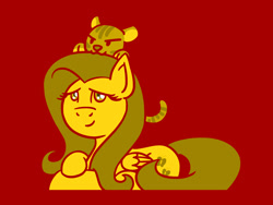 Size: 1800x1350 | Tagged: safe, artist:flutterluv, imported from derpibooru, fluttershy, big cat, pegasus, pony, tiger, chinese new year, cute, female, lidded eyes, limited palette, looking up, lunar new year, lying down, mare, prone, red background, shyabetes, simple background, smiling, solo, year of the tiger