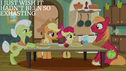 Size: 1280x720 | Tagged: safe, edit, edited screencap, editor:quoterific, imported from derpibooru, screencap, apple bloom, applejack, big macintosh, granny smith, earth pony, pony, bloom and gloom, season 5, apple, apple bloom's bow, applejack's hat, bow, cowboy hat, female, filly, foal, food, hair bow, hat, male, mare, open mouth, open smile, pancakes, smiling, stallion