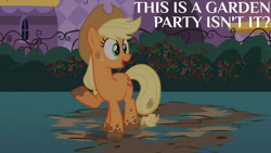 Size: 1280x720 | Tagged: safe, edit, edited screencap, editor:quoterific, imported from derpibooru, screencap, applejack, earth pony, pony, season 2, sweet and elite, applejack's hat, cowboy hat, female, hat, literal minded, mare, mud, open mouth, open smile, silly, silly pony, smiling, solo, who's a silly pony