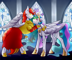 Size: 3500x2900 | Tagged: artist needed, source needed, safe, imported from derpibooru, princess celestia, oc, oc:king phoenix, alicorn, pony, alicorn oc, armor, canon x oc, clothes, duo, horn, hug, skirt, wings