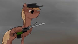 Size: 1080x607 | Tagged: safe, artist:mige sanwu, imported from derpibooru, oc, oc:calamity, pegasus, pony, fallout equestria, bag, eyes open, gray background, gun, hat, side view, simple background, standing, weapon, yellow eyes, yellow mane