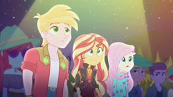 Size: 3410x1920 | Tagged: safe, imported from derpibooru, screencap, big macintosh, fluttershy, sunset shimmer, equestria girls, equestria girls series, the last drop, spoiler:eqg series (season 2), female, geode of empathy, high res, magical geodes, male, music festival outfit, night, open mouth, the last drop: sunset shimmer
