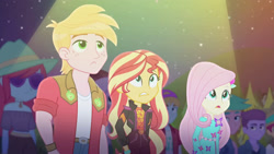 Size: 3410x1920 | Tagged: safe, imported from derpibooru, screencap, big macintosh, fluttershy, sunset shimmer, equestria girls, equestria girls series, the last drop, the last drop: fluttershy, spoiler:eqg series (season 2), female, geode of empathy, high res, magical geodes, male, music festival outfit, night, open mouth