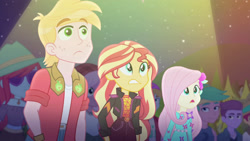 Size: 3410x1920 | Tagged: safe, imported from derpibooru, screencap, big macintosh, fluttershy, sunset shimmer, equestria girls, equestria girls series, the last drop, the last drop: big macintosh, spoiler:eqg series (season 2), female, geode of empathy, high res, magical geodes, male, music festival outfit, night, open mouth