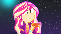 Size: 3410x1920 | Tagged: safe, imported from derpibooru, screencap, sunset shimmer, equestria girls, equestria girls series, the last drop, spoiler:eqg series (season 2), cellphone, faic, female, high res, music festival outfit, night, open mouth, phone, shrunken pupils, smartphone, solo, the last drop: sunset shimmer