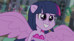 Size: 3410x1920 | Tagged: safe, imported from derpibooru, screencap, twilight sparkle, equestria girls, equestria girls (movie), bare shoulders, blurry background, canterlot high, cute, fall formal outfits, female, grin, high res, male, night, ponied up, sleeveless, smiling, solo focus, spread wings, strapless, twiabetes, twilight ball dress, wings