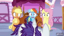 Size: 640x360 | Tagged: safe, imported from derpibooru, screencap, applejack, fluttershy, opalescence, rainbow dash, rarity, cat, earth pony, pegasus, pony, unicorn, it isn't the mane thing about you, season 7, animated, applejack's hat, bed, carousel boutique, covering eyes, cowboy hat, eyes closed, female, gif, gifs.com, hat, mare, shrunken pupils, wing hands, wings