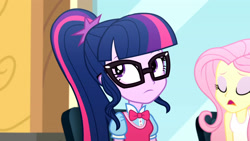 Size: 3410x1920 | Tagged: safe, imported from derpibooru, screencap, fluttershy, sci-twi, twilight sparkle, epic fails (equestria girls), eqg summertime shorts, equestria girls, duo, duo female, eyes closed, female, glasses, high res, open mouth, ponytail