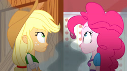 Size: 3410x1920 | Tagged: safe, imported from derpibooru, screencap, applejack, pinkie pie, epic fails (equestria girls), eqg summertime shorts, equestria girls, applejack's hat, cowboy hat, duo, duo female, female, hat, high res, looking up, smoke