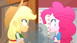 Size: 3410x1920 | Tagged: safe, imported from derpibooru, screencap, applejack, pinkie pie, epic fails (equestria girls), eqg summertime shorts, equestria girls, applejack's hat, cowboy hat, duo, duo female, female, hat, high res, looking up, open mouth, smoke