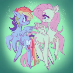 Size: 2048x2048 | Tagged: safe, artist:yumkandie, imported from derpibooru, fluttershy, rainbow dash, pegasus, pony, chest fluff, duo, female, flutterdash, gradient background, lesbian, rainbow dash day, shipping