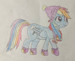 Size: 2048x1670 | Tagged: safe, artist:ojkmaqusooiz0pk, imported from derpibooru, rainbow dash, pegasus, pony, best gift ever, clothes, hat, mittens, rainbow dash day, scarf, solo, traditional art, winter outfit