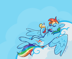 Size: 1181x962 | Tagged: safe, artist:beyhr, imported from derpibooru, rainbow dash, pegasus, pony, armpits, chest fluff, cloud, drink, on a cloud, one eye closed, open mouth, relaxing, solo