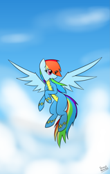 Size: 1211x1901 | Tagged: safe, artist:samuel-neocros, imported from derpibooru, rainbow dash, pegasus, pony, clothes, cloud, flying, rainbow dash day, solo, uniform, wonderbolts uniform