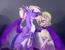 Size: 1280x996 | Tagged: safe, artist:inarimayer, imported from derpibooru, oc, oc only, bat pony, earth pony, pony, bat pony oc, bat wings, chest fluff, choker, duo, ear piercing, earring, eyes closed, female, hug, jewelry, kissing, mare, oc x oc, piercing, raised hoof, shipping, winghug, wings