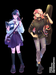 Size: 1914x2560 | Tagged: safe, artist:hiru3152, artist:lzjian79, imported from derpibooru, sci-twi, sunset shimmer, twilight sparkle, equestria girls, black background, book, collaboration, duo, guitar, musical instrument, simple background