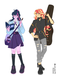 Size: 1914x2560 | Tagged: safe, artist:hiru3152, artist:lzjian79, imported from derpibooru, sci-twi, sunset shimmer, twilight sparkle, equestria girls, collaboration, duo, guitar, musical instrument, simple background, white background
