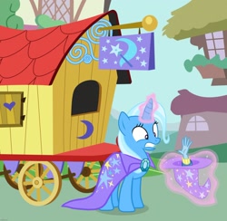 Size: 1800x1759 | Tagged: safe, imported from derpibooru, trixie, pony, equestria girls, brooch, cape, clothes, cropped, hand, hat, jewelry, magic, magic aura, scared, self paradox, self ponidox, trixie's brooch, trixie's cape, trixie's hat, trixie's wagon, wagon