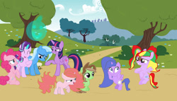 Size: 1280x734 | Tagged: safe, artist:andoanimalia, artist:blossomcherrytreelee, artist:cloudy glow, artist:luckreza8, artist:sinkbon, imported from derpibooru, pinkie pie, starlight glimmer, trixie, twilight sparkle, alicorn, offspring, park, tree, twilight sparkle (alicorn)
