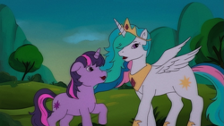 Size: 1919x1080 | Tagged: safe, artist:yinyanggio14, imported from derpibooru, princess celestia, twilight sparkle, alicorn, pony, unicorn, swarm of the century, g1, g4, g4 to g1, generation leap, scene interpretation, style emulation, unicorn twilight