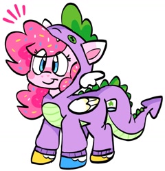 Size: 1404x1464 | Tagged: safe, artist:raystarkitty, imported from derpibooru, pinkie pie, spike, earth pony, pony, clothes, costume, cute, emanata, februpony, female, kigurumi, mare, simple background, smiling, solo, spike costume, spike suit, white background