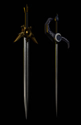 Size: 704x1080 | Tagged: safe, artist:sin75, imported from derpibooru, black background, moon, no pony, simple background, sun, sword, weapon