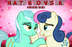 Size: 2064x1353 | Tagged: safe, artist:charity-rose, artist:not-yet-a-brony, imported from derpibooru, bon bon, lyra heartstrings, sweetie drops, earth pony, unicorn, 2022, best friends, duo, february, female, gazing, hearts and hooves day, holiday, if i ain't got you, lesbian, lidded eyes, looking at each other, looking at someone, lyrabon, lyrics in the description, mare, married couple, shipping, smiling, smiling at each other, song in the description, song reference, text, valentine's day, youtube link in the description