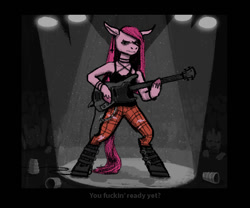 Size: 814x677 | Tagged: safe, artist:necromarecy, imported from derpibooru, pinkie pie, earth pony, semi-anthro, bass guitar, clothes, human shoulders, musical instrument, pinkamena diane pie, solo focus, spotlight, vulgar