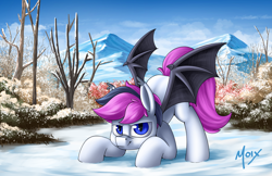 Size: 5100x3300 | Tagged: safe, artist:supermoix, imported from derpibooru, oc, oc only, oc:lance, bat pony, pony, bat pony oc, commission, crouching, cute, forest, forest background, high res, looking at you, male, mountain, scenery, sky, smiling, snow, solo, stallion