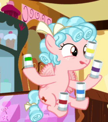 Size: 800x897 | Tagged: safe, imported from derpibooru, screencap, cozy glow, pegasus, pony, marks for effort, season 8, spoiler:s08, animated, balancing, bow, cozybetes, cropped, curly mane, cute, female, filly, flying, foal, food, freckles, gif, levitation, magic, solo, sprinkles, sugarcube corner, sugarcube corner (interior), telekinesis, tongue out, two toned mane, wings