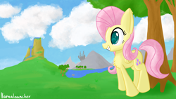 Size: 3840x2160 | Tagged: safe, artist:llamalauncher, imported from derpibooru, fluttershy, pegasus, pony, canterlot, female, solo, tree