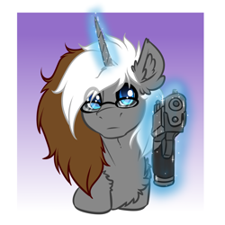 Size: 4000x4000 | Tagged: safe, artist:witchtaunter, imported from derpibooru, oc, pony, unicorn, aiming, bust, chest fluff, commission, ear fluff, glasses, gradient background, gun, magic, male, portrait, shoulder fluff, solo, telekinesis, weapon