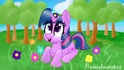 Size: 3840x2160 | Tagged: safe, artist:llamalauncher, imported from derpibooru, twilight sparkle, pony, unicorn, female, flower, flower in hair, grass, solo, tongue out, tree, unicorn twilight