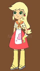 Size: 808x1435 | Tagged: safe, artist:fude-chan-art, imported from derpibooru, applejack, equestria girls, blonde, brown background, clothes, clothes swap, female, hatless, implied granny smith, missing accessory, simple background, solo