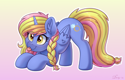 Size: 3859x2480 | Tagged: safe, alternate version, artist:dandy, imported from derpibooru, oc, oc only, oc:platinum band, alicorn, pony, :3, :p, alicorn oc, alternate character, braid, commission, cute, ear fluff, eye clipping through hair, female, gradient background, high res, horn, mare, mlem, silly, solo, tongue out, wings, ych result