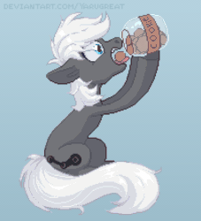 Size: 600x660 | Tagged: safe, artist:yarugreat, imported from derpibooru, oc, oc:steam hooves, earth pony, pony, abdominal bulge, animated, commission, cookie, cookie jar, eating, food, gif, heart, heart eyes, male, pixel art, simple background, sitting, solo, stallion, stuffed belly, stuffing, swallowing, this will end in colic, wingding eyes, ych result