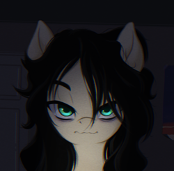 Size: 1551x1529 | Tagged: safe, artist:ravenirik, imported from derpibooru, oc, oc only, oc:floor bored, earth pony, pony, bags under eyes, bust, earth pony oc, eyebrows, female, looking at you, mare, messy mane, solo