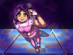 Size: 2160x1620 | Tagged: safe, artist:diameltzowo, imported from derpibooru, pipp petals, human, clothes, female, from above, g5, green eyes, heart, human pipp petals, humanized, idol, microphone, my little pony: a new generation, purple background, simple background, solo, stage, sunglasses, winged humanization, wings