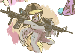 Size: 574x421 | Tagged: safe, artist:plunger, imported from derpibooru, derpy hooves, pegasus, pony, angry, blank flank, chest fluff, dual wield, female, flying, gun, hat, helmet, m4a1, mare, ponybooru import, rifle, simple background, sitting, solo, weapon