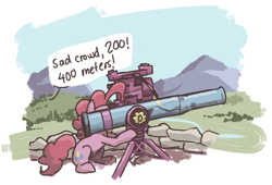 Size: 724x492 | Tagged: safe, artist:plunger, imported from derpibooru, pinkie pie, earth pony, pony, 200, 400, exclamation point, female, gun, hoof hold, looking at something, mare, missile launcher, mountain, offscreen character, partillery, ponybooru import, rock, run, sitting, solo, speech bubble, text, tow missile, weapon