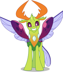 Size: 3377x3840 | Tagged: safe, artist:frownfactory, imported from derpibooru, thorax, changedling, changeling, triple threat, antlers, cute, grin, high res, horn, king thorax, male, simple background, smiling, solo, spread wings, stallion, thorabetes, transparent background, vector, wings