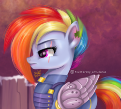 Size: 964x867 | Tagged: safe, artist:fluttershy_art.nurul, imported from derpibooru, rainbow dash, pegasus, pony, alternate timeline, apocalypse dash, armor, army, crystal war timeline, female, folded wings, hairstyle, injured, solo, torn ear, wings, wounded warriors